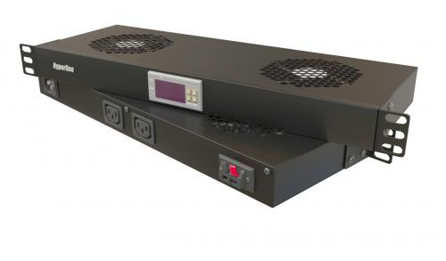 Hyperline TRFA-WB-MICR-2F-RAL9004 Модуль вентиляторный 19", 1U, глубиной 170 мм, с термостатом и 2 вентиляторами, номинальная мощность 35,2 Вт, датчик температуры с кабелем, кабель питания C13-Schuko 1.8 м, цвет черный (RAL 9004)