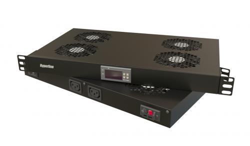 Hyperline TRFA-WB-MICR-4F-RAL9004 Модуль вентиляторный 19", 1U, глубиной 290мм, с термостатом и 4-я вентиляторами, номинальная мощность 70.40 Вт, датчик температуры с кабелем, кабель питания C13-Schuko 1.8м, цвет черный (RAL 9004)