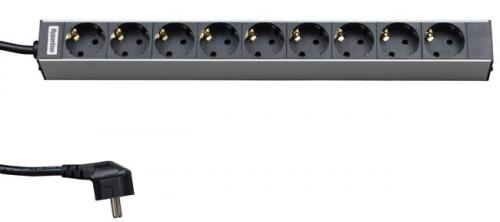 Hyperline SHT19-9SH-2.5EU Блок розеток для 19" шкафов, горизонтальный, 9 розеток Schuko, кабель питания 2.5м (3х1.5мм2) с вилкой Schuko 16A, 250В, 482.6x44.4x44.4мм (ШхГхВ), корпус алюминий