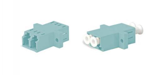 Hyperline FA-P11Z-DLC/DLC-N/WH-AQ Оптический проходной адаптер LC-LC, MM (OM3), duplex, корпус пластиковый, голубой (aqua), белые колпачки
