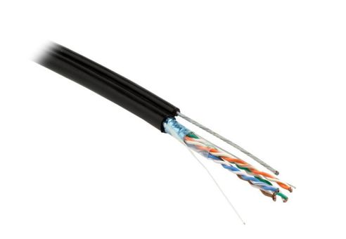 Hyperline FUTP4-C5E-S24-2SW-OUT-PE-BK-500 (500 м) Кабель витая пара F/UTP, кат.5e, 4 пары(24AWG),одножил.(solid),экран-фольга,с усил.металл.тросом, внешний, PE, -40°C-+50°C, черный - гарантия: 15 лет компонентная