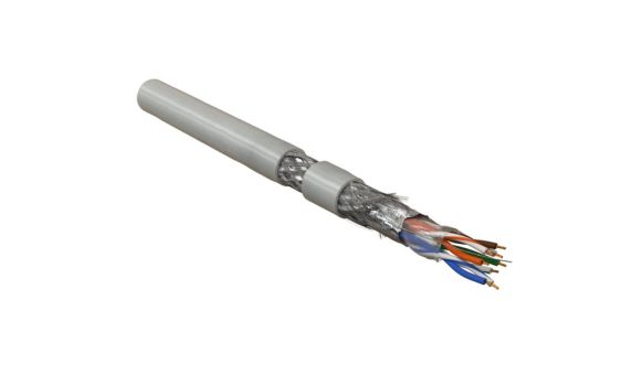 Hyperline SFUTP4-C5E-P26-IN-LSZH-GY-305 (305 м) Кабель витая пара, экранированная SF/UTP, категория 5e, 4 пары (26 AWG), многожильный (patch), экран-фольга+мед. оплетка, LSZH, –20°C–+75°C, серый