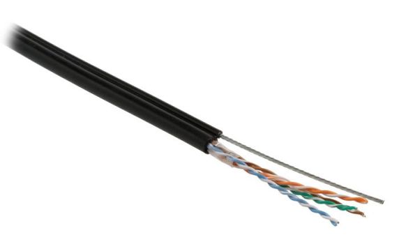 Hyperline UUTP4-C5E-S24-SW-OUT-PE-BK-500 (500 м) Кабель витая пара U/UTP, кат.5e, 4 пары (24 AWG), одножильн. (solid), с металл. тросом, внешний, PE, -40°C - +60°C, черный - гарантия: 15 лет компонентная