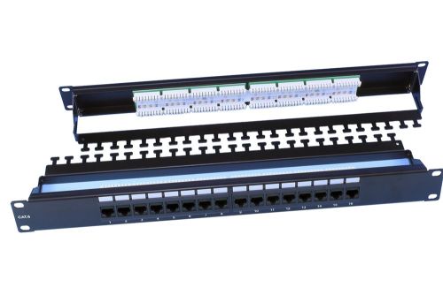 Hyperline PP3-19-16-8P8C-C6-110D Патч-панель 19", 1U, 16 портов RJ-45, категория 6, Dual IDC, ROHS, цвет черный (задний кабельный организатор в комплекте)