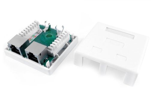 Hyperline SB1-2-8P8C-C6-SH-WH Розетка компьютерная RJ-45(8P8C), категория 6, экранированная, двойная, внешняя, Dual IDC