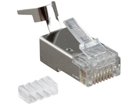 Hyperline PLUG-8P8C-UV-C6-TW-SH-10 Разъем RJ-45(8P8C) под витую пару, категория 6/6A (50 µ"/ 50 микродюймов), экранированный, универсальный (для одножильного и многожильного кабеля), для толстых жил 1.35-1.5 мм (с оболочкой), со вставкой, (10 шт)