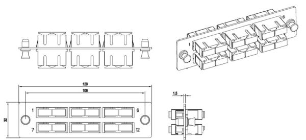 Hyperline FO-FPM-W120H32-6DSC-BL Панель для FO-19BX с 6 SC (duplex) адаптерами, 12 волокон, одномод, 120x32 мм, адаптеры цвета синий (blue)